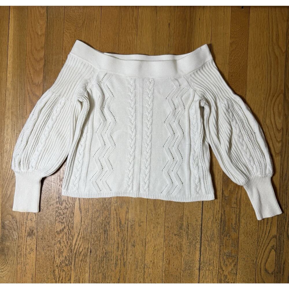 DH New York Off Shoulder Cable Knit Sweater Womens Medium Cream Puff Sleeve